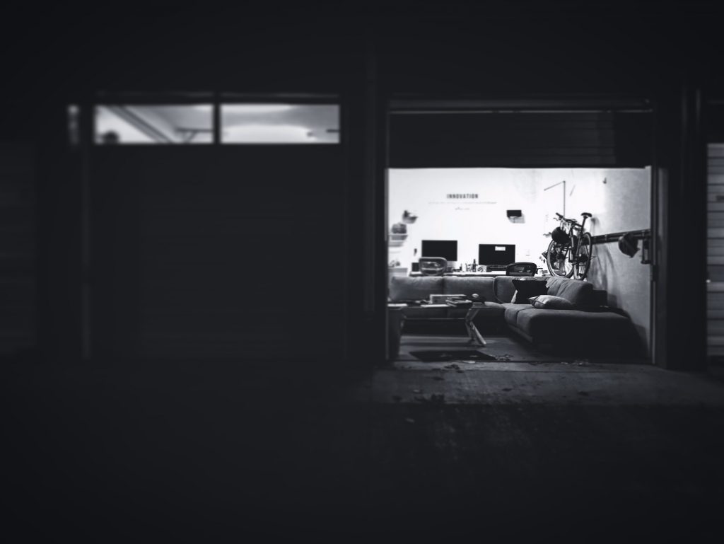 black and white photo of garage room