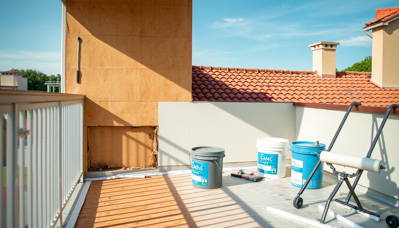Stripped apartment balcony with exposed plywood and dry rot repair showing what drives balcony waterproofing cost