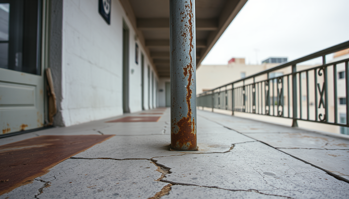 Cracked and spalling magnesite walkway with rust staining at a rail post showing why magnesite deck repair is needed