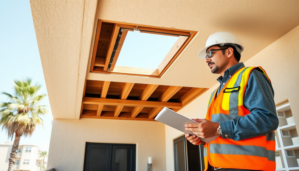 Inspector examining a wood-framed apartment balcony during an sb 721 california law compliance inspection in Los Angeles