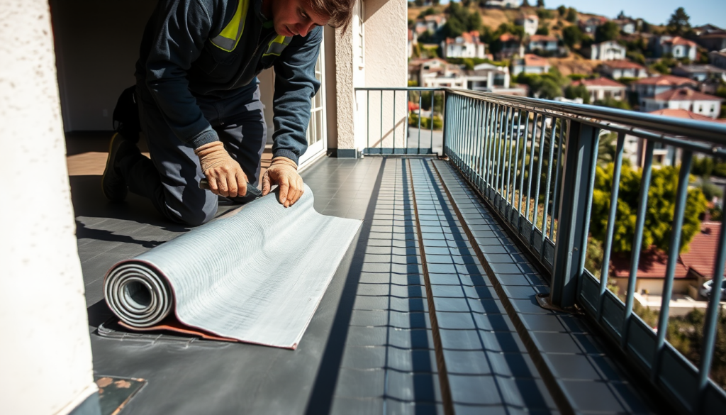Installer applying liquid membrane over lath, one option for the best way to waterproof a balcony