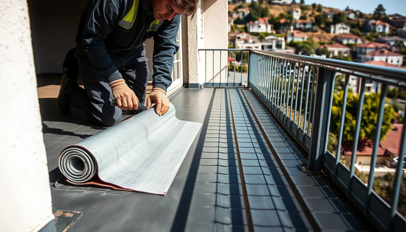 Installer applying liquid membrane over lath, one option for the best way to waterproof a balcony