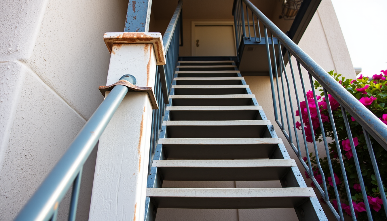 Exterior apartment stairway with worn treads and a metal handrail illustrating california residential stair code requirements