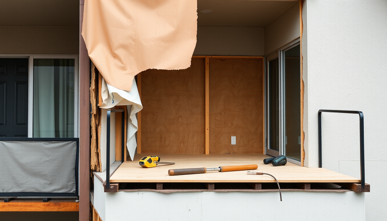 Partially demolished balcony showing the anatomy of a balcony from topcoat down to framing and ledger