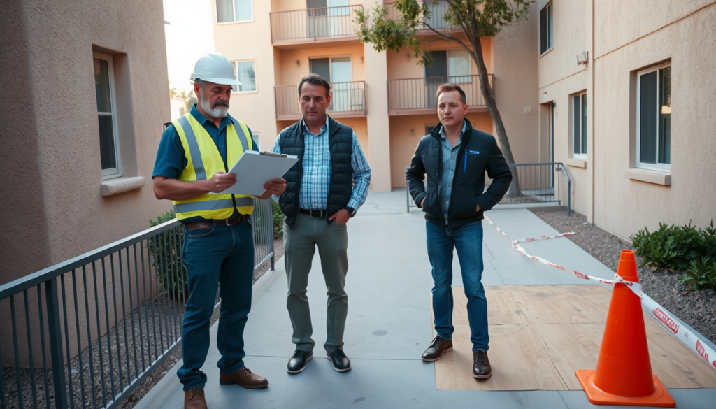 Property manager reviewing an inspection report with a balcony law contractor on a Los Angeles apartment walkway