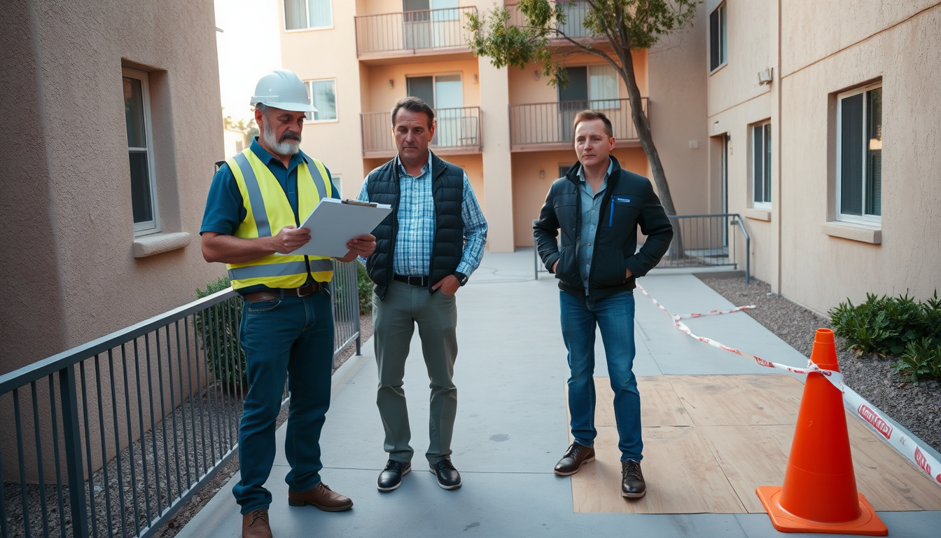 Property manager reviewing an inspection report with a balcony law contractor on a Los Angeles apartment walkway