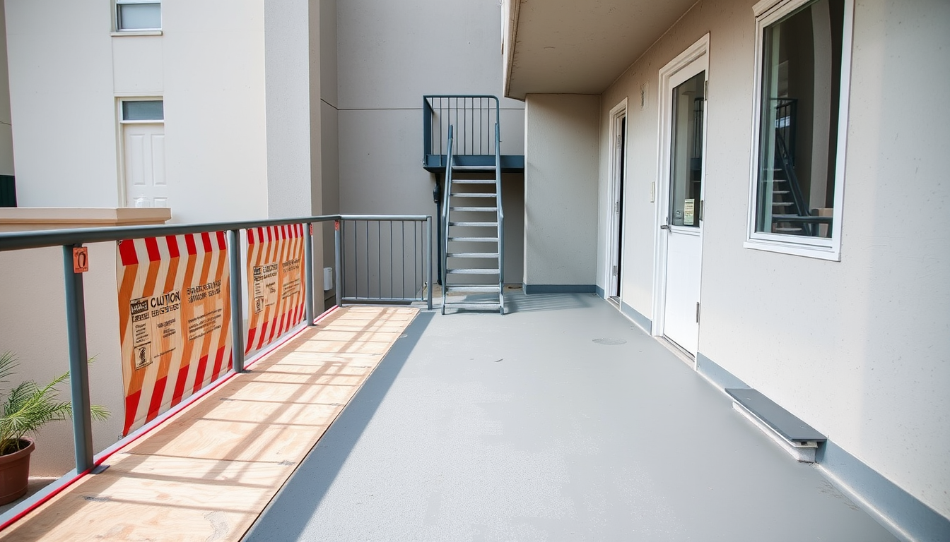 Phased apartment deck repair los angeles work zone on an occupied building walkway