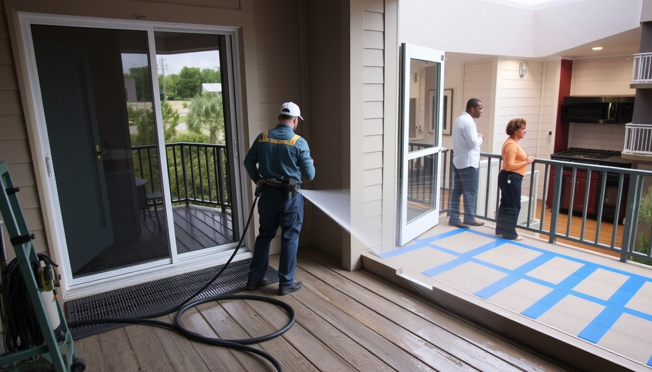 Staged spray testing at a balcony door threshold to locate water intrusion